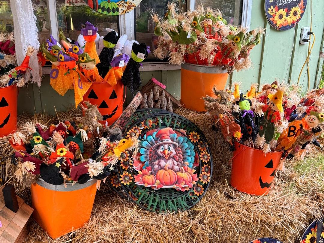Pumpkin pails and harvest decor on hay bales