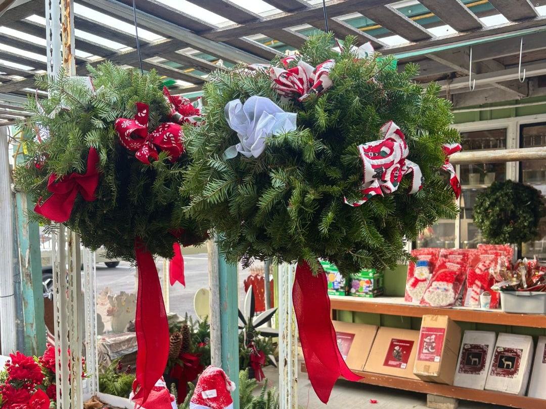 Hanging wreaths and kissing balls with red bows